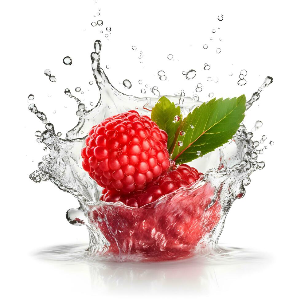 Raspberry and water splash isolated. AI generetive photo