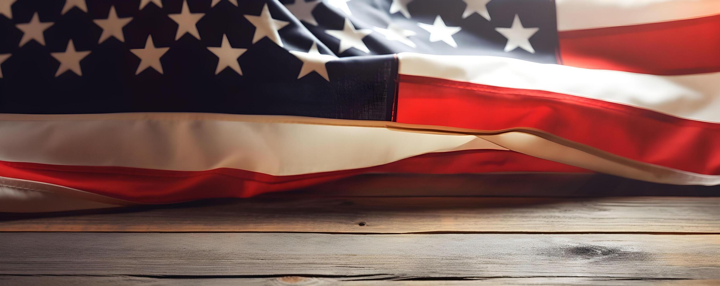 American flag on wood table with dark black background. Labor day banner. Generative AI photo