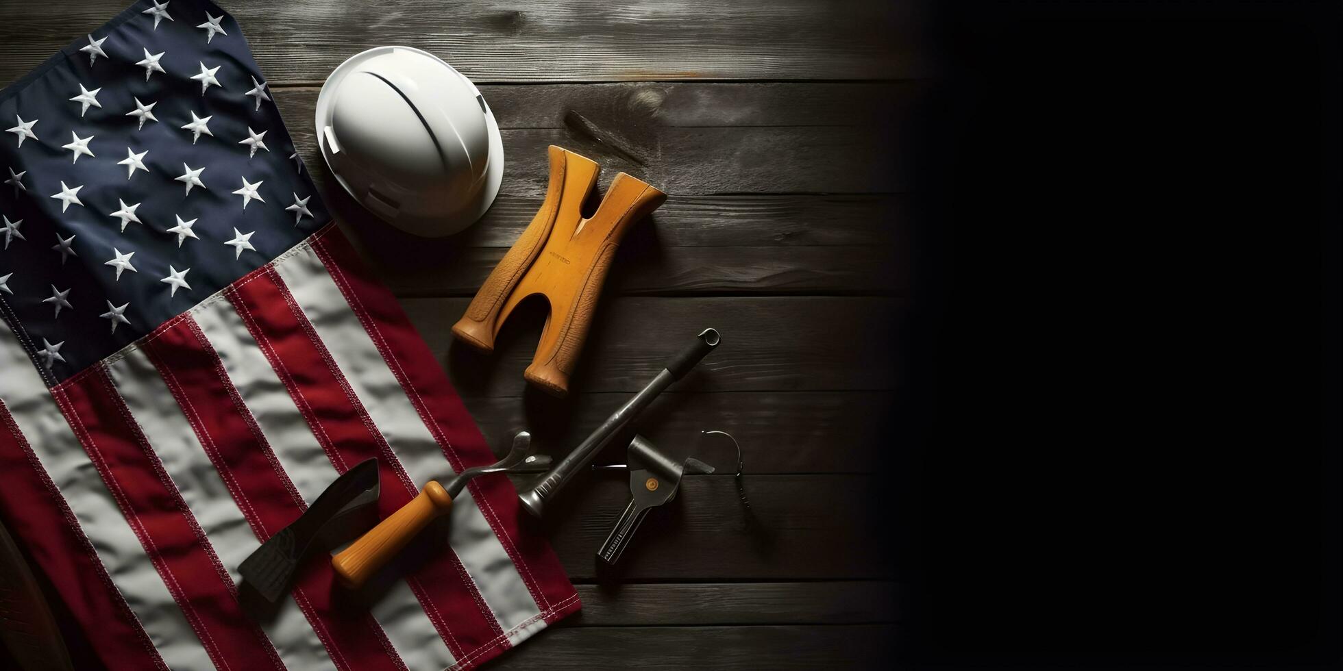 Construction tools with American flag on dark black background. Labor day banner. Generative AI photo