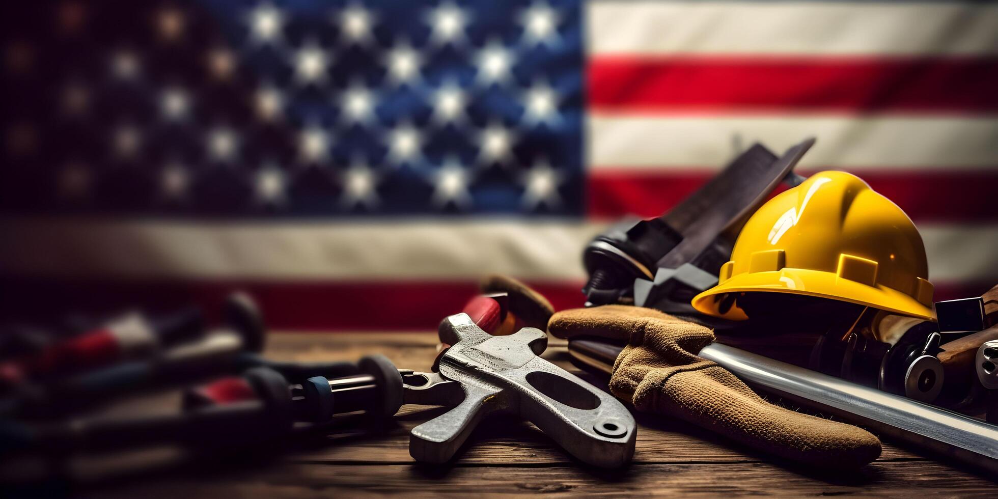 Construction tools with American flag on dark black background. Labor day banner. Generative AI photo