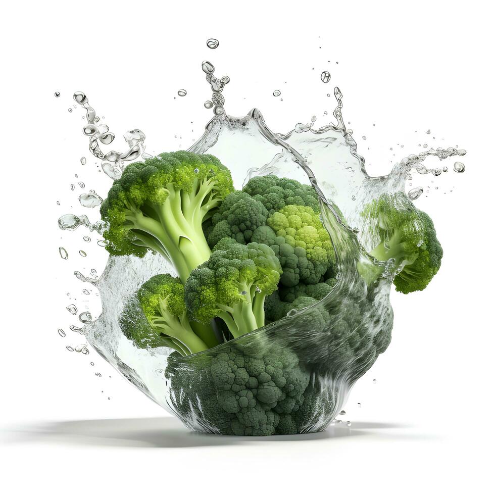 Broccoli splash water isolated on a white background. AI generetive photo