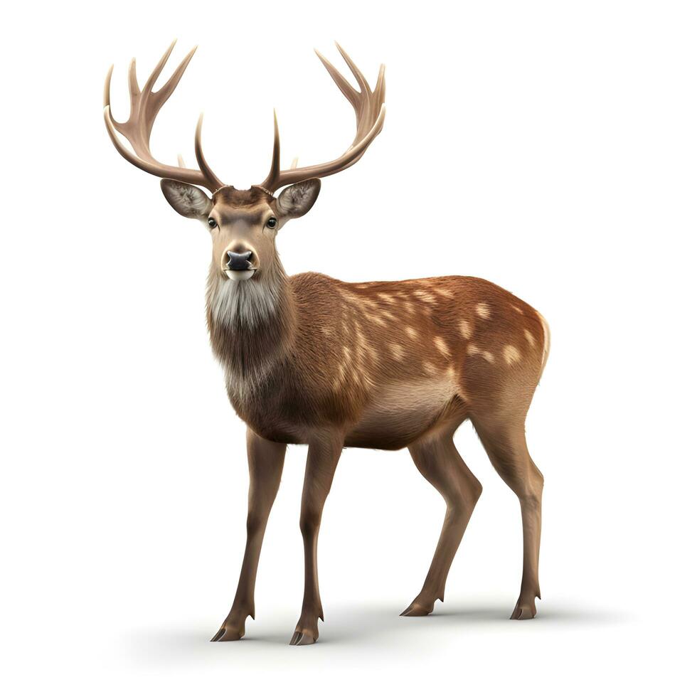 Red deer stag in front of a white background. AI generetive photo