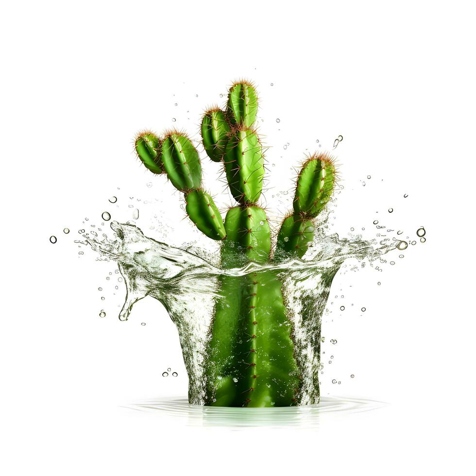 cactus in water splash isolated on white background. AI generetive photo