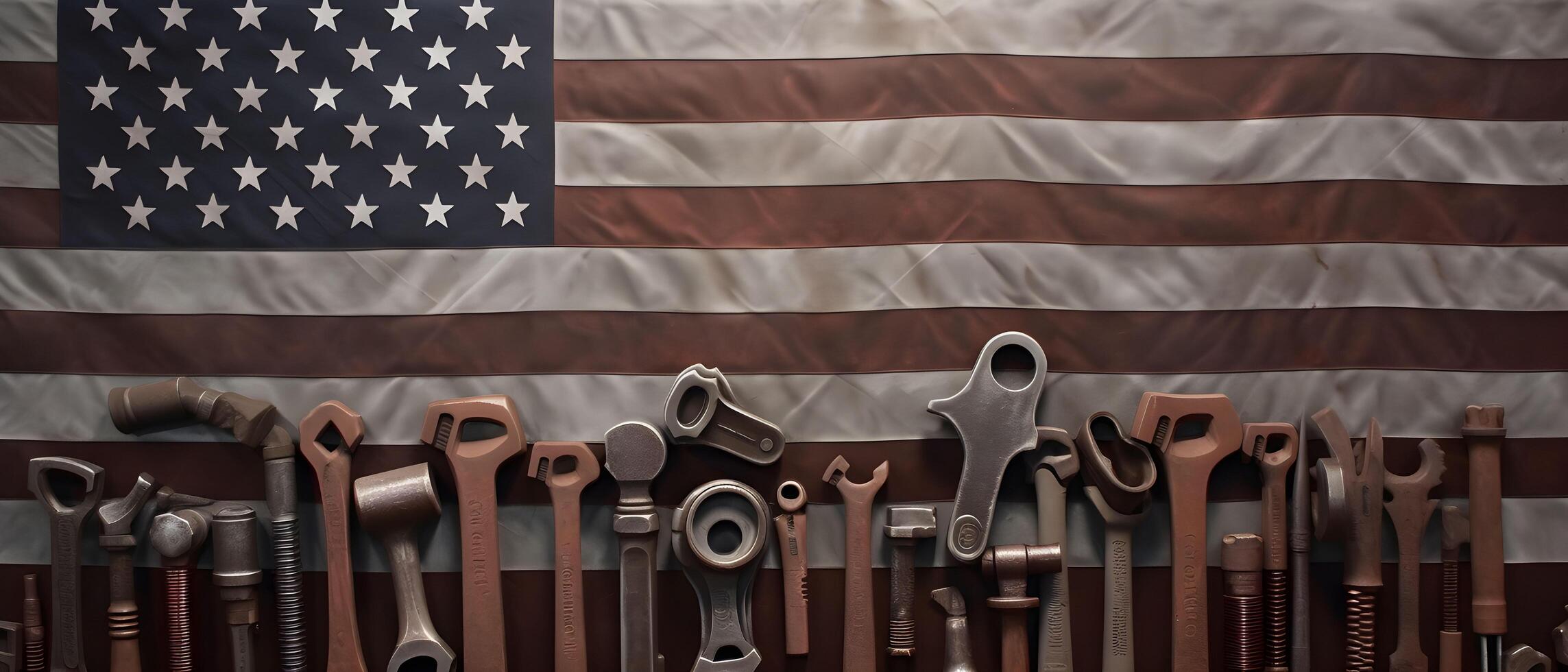 Construction tools with American flag on dark black background. Labor day banner. photo