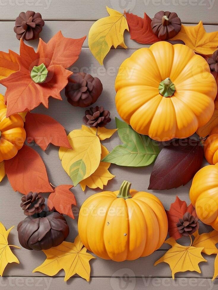 Autumn background with pumpkins, leaves and cones. Top view photo