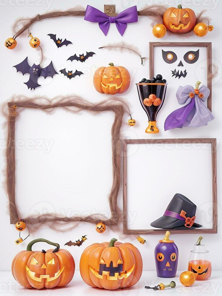 Halloween decoration with pumpkins, spiders, bats and decorations on white background photo