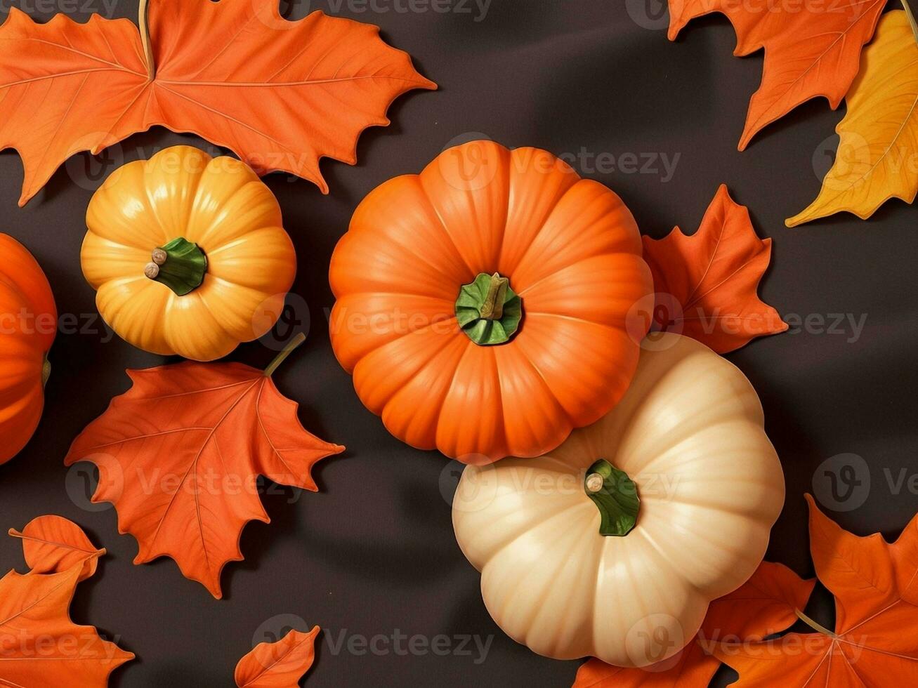 Autumn background with pumpkins, leaves and copy space for text photo
