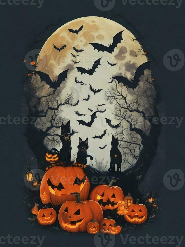 Halloween background with pumpkins, bats and moon on dark background photo