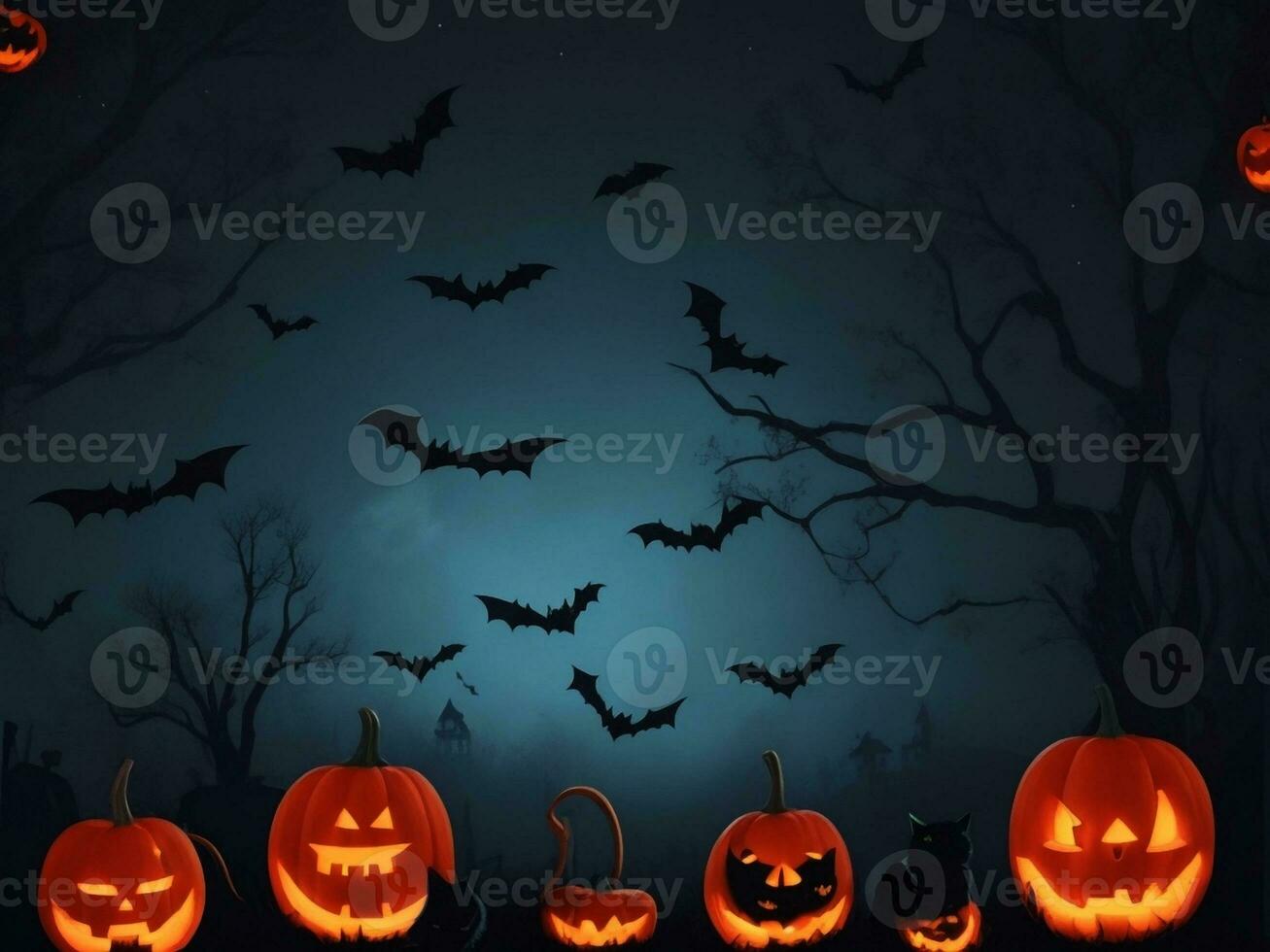 Halloween background with pumpkins, bats and tree branches at night photo