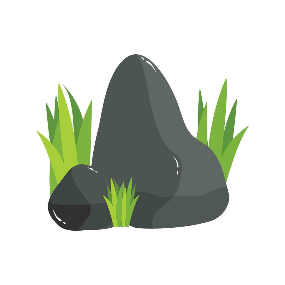 Rock Stone Cartoon Illustration Isolated In White. Grass Rock Cartoon Illustration vector