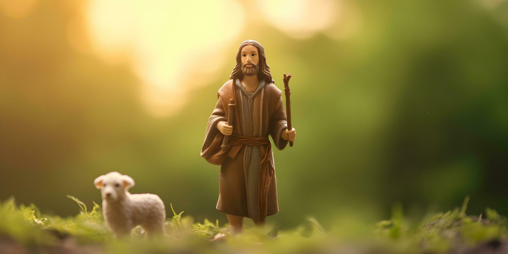 A farmer walking at single lamb. green field with blur background. photo