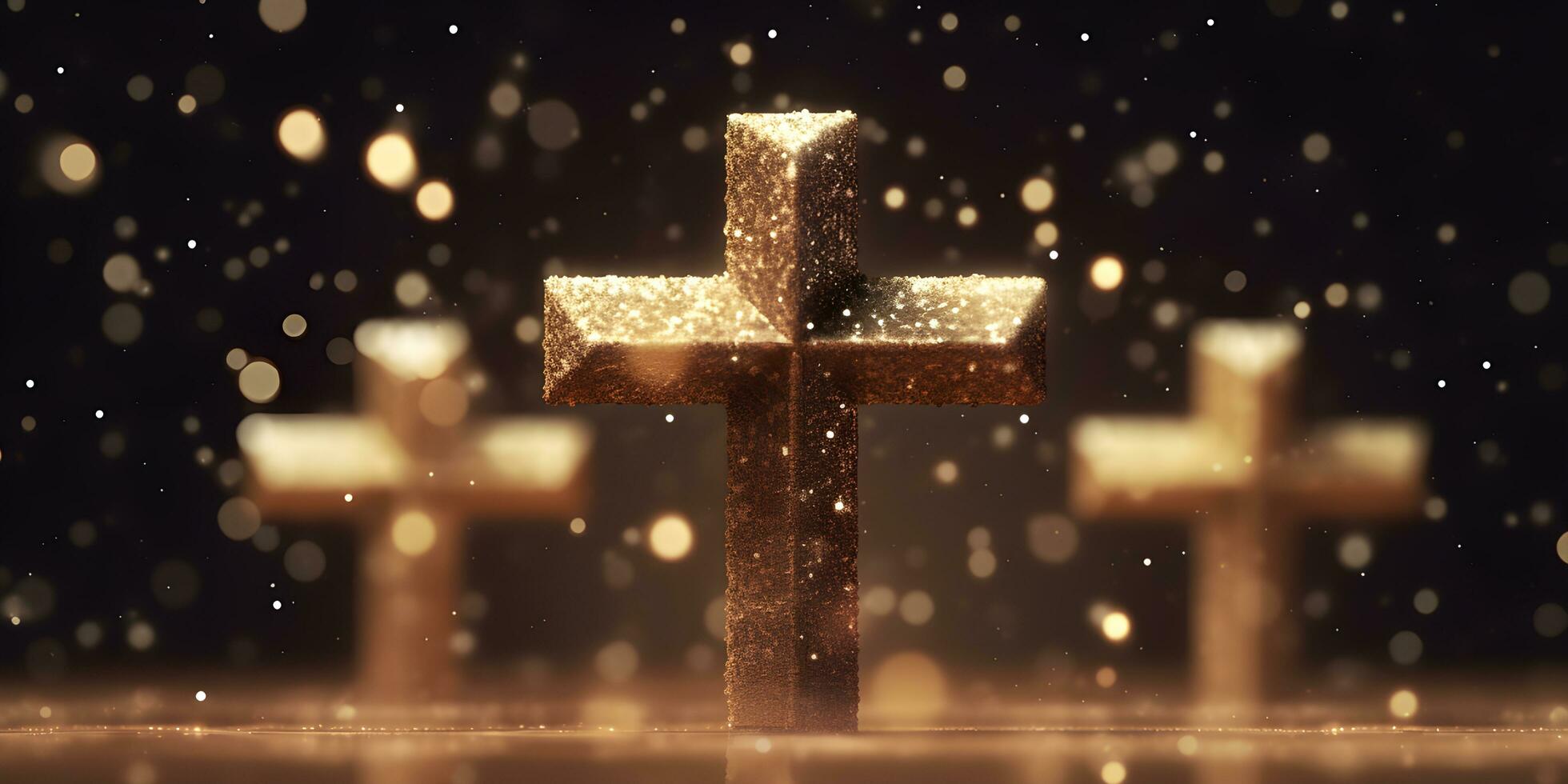 Gold glitter Christian cross in light on black background photo