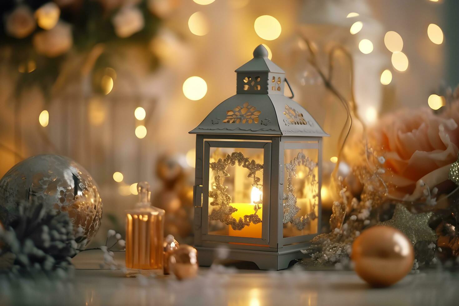 Christmas candle on light blurred background. Generative AI photo