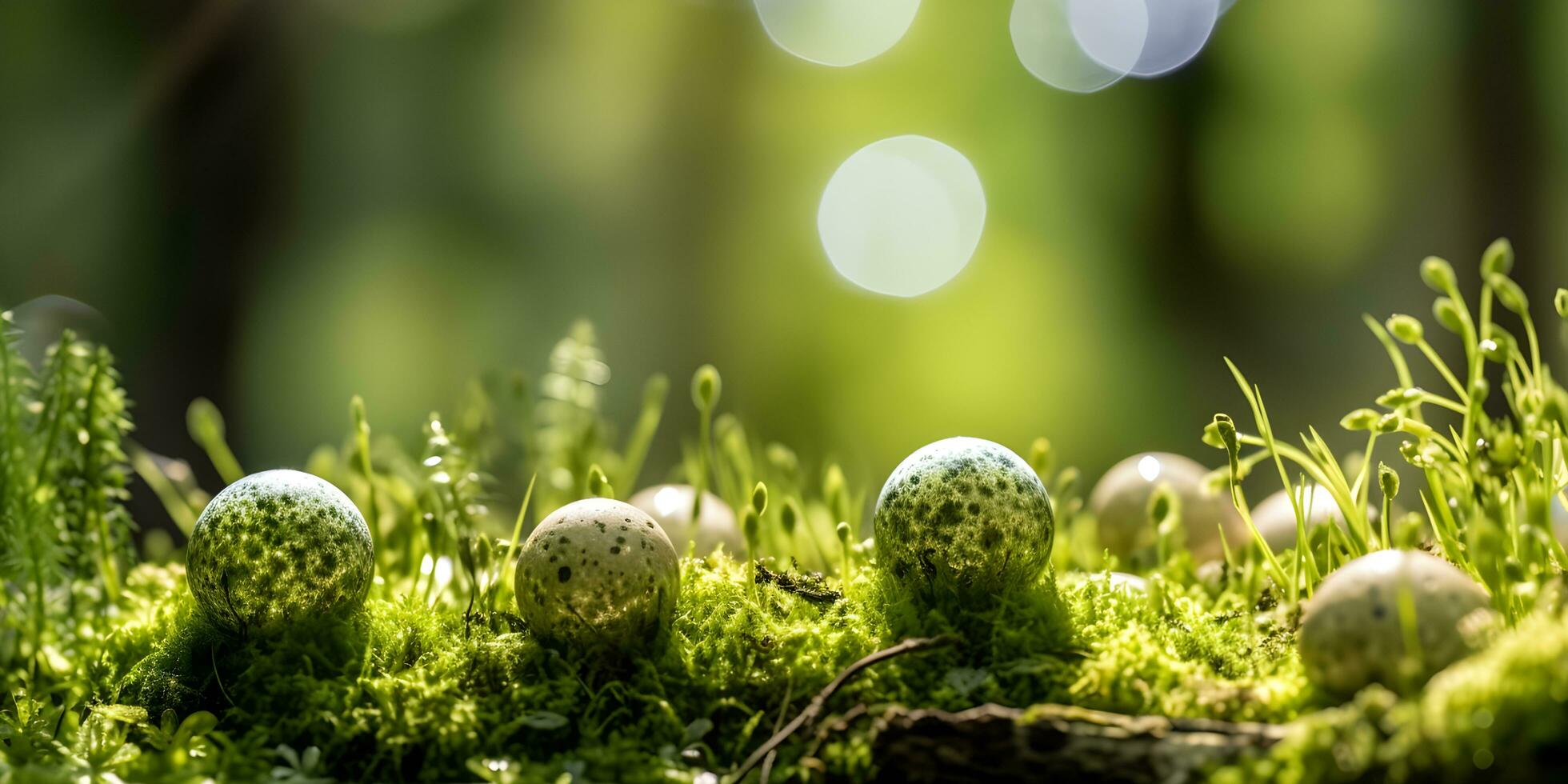 Colored eggs in natural nest on the ground. Generative AI photo