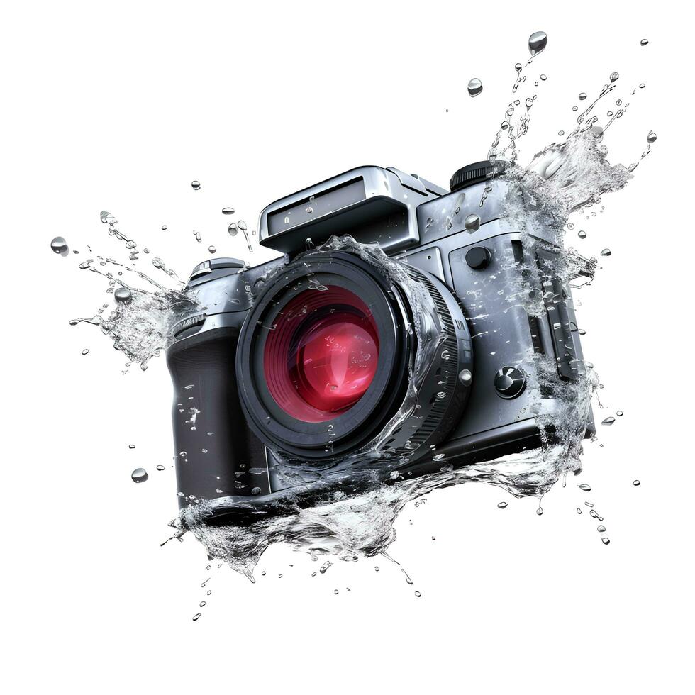 Camera in water splash. AI generetive photo