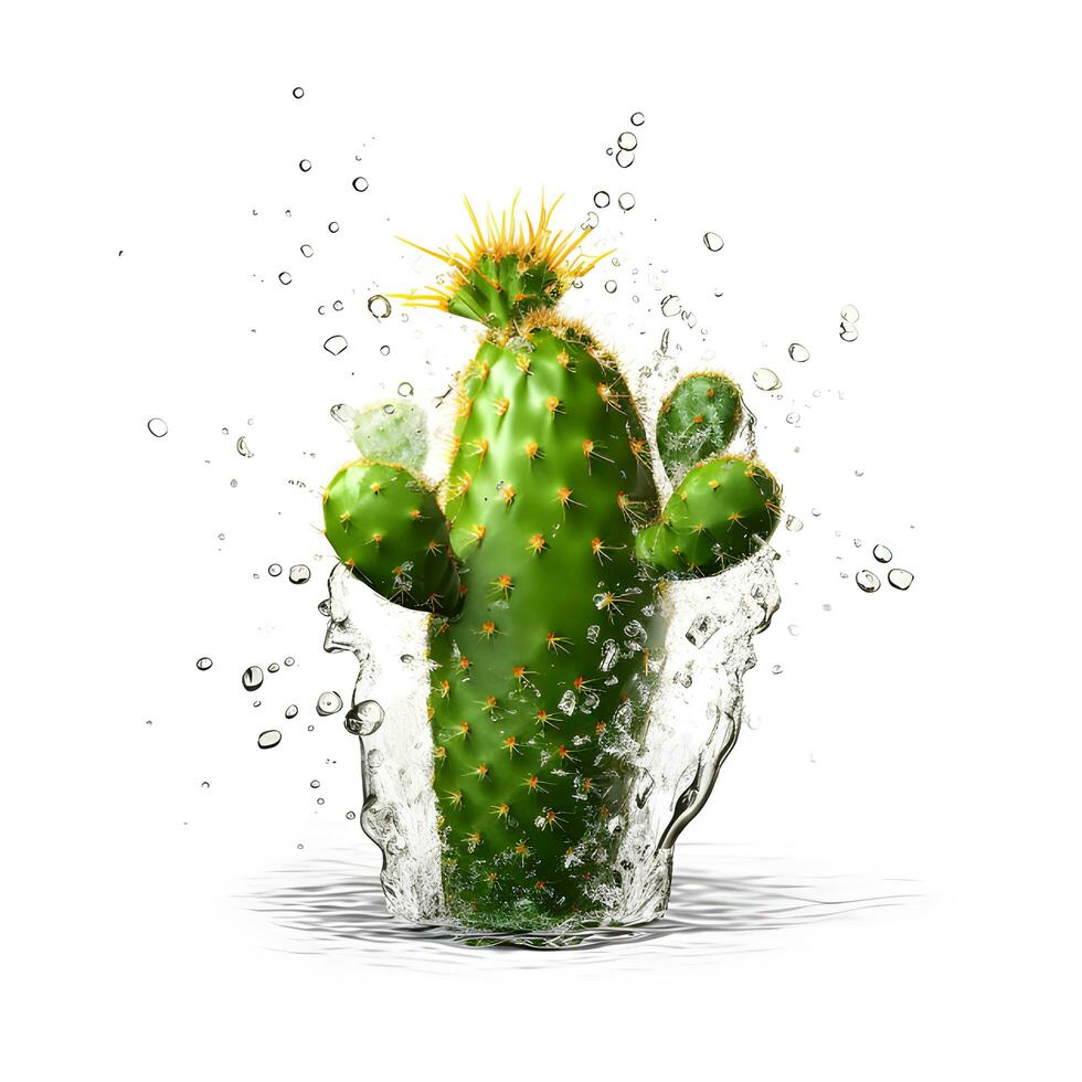 cactus in water splash isolated on white background. AI generetive photo