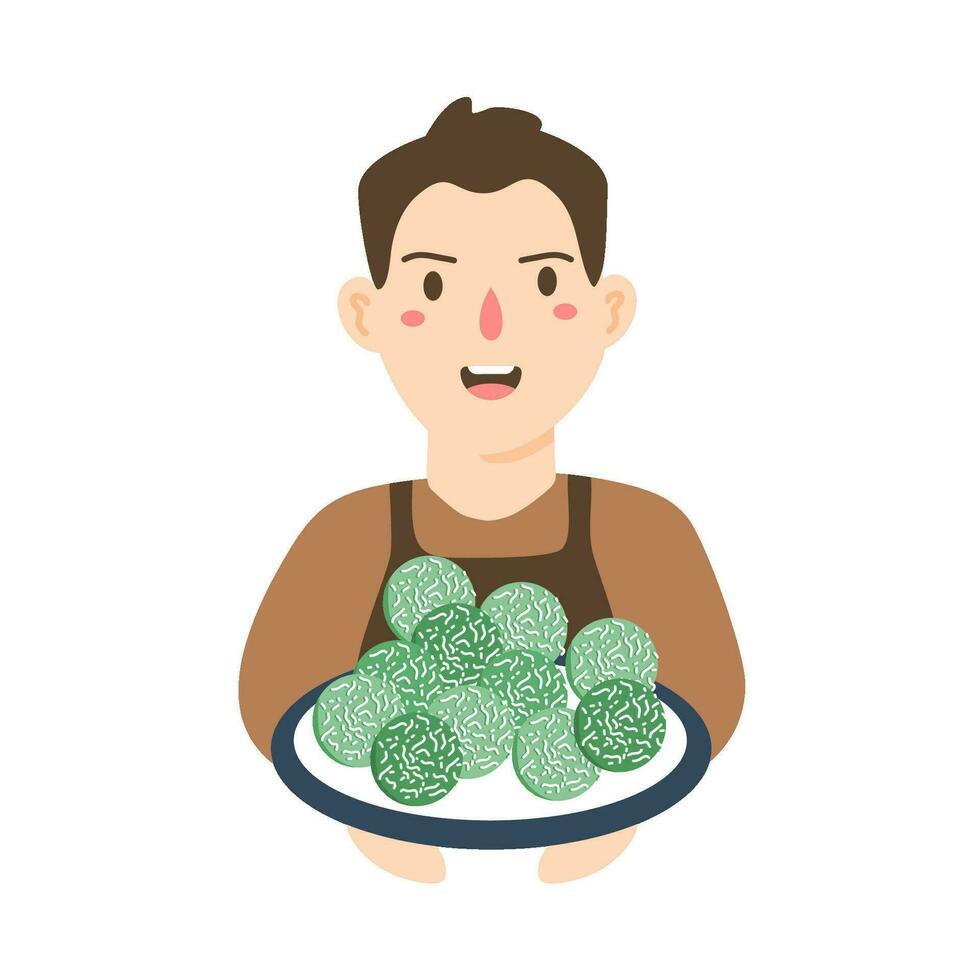 chef character with klepon or onde onde character vector