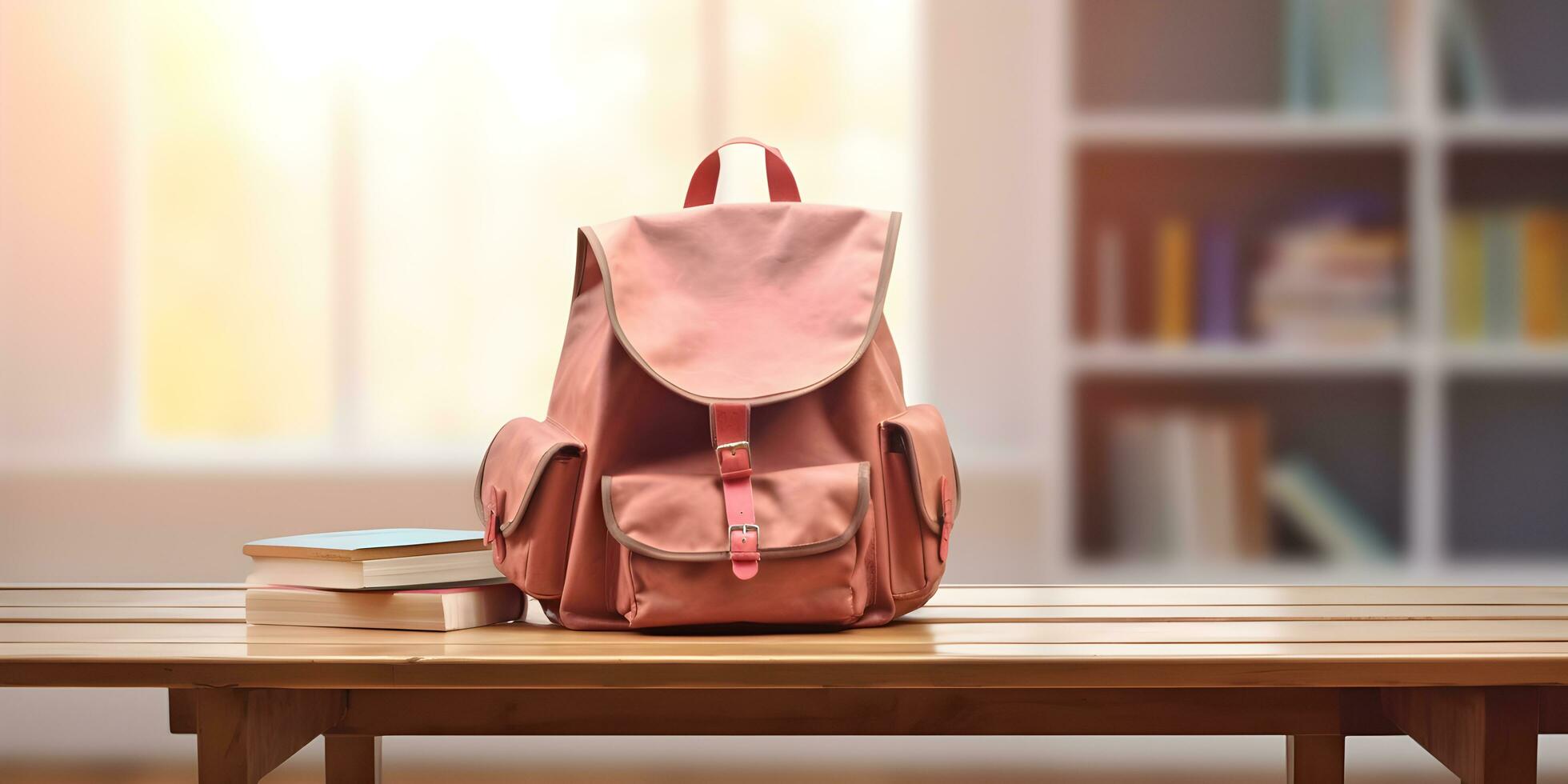 Pink school bag with accessory on empty background. Back to school concept. photo