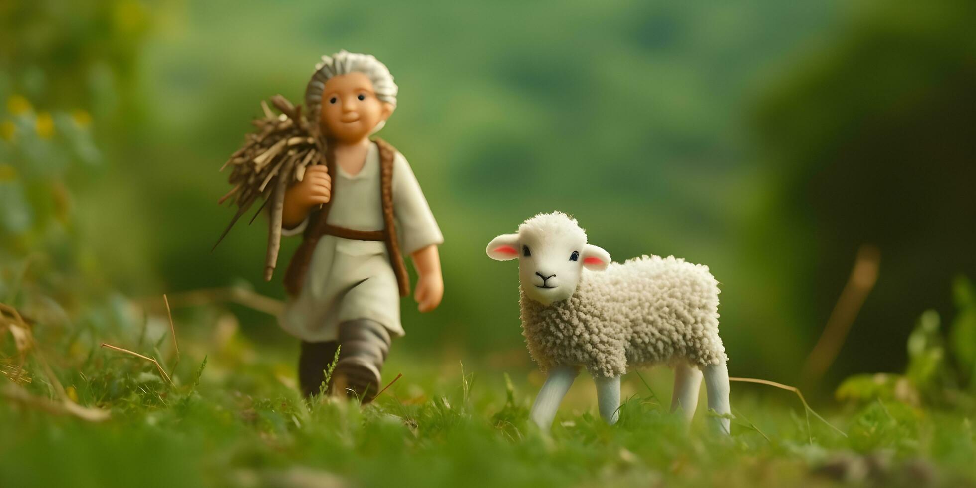 A farmer walking at single lamb. green field with blur background. photo