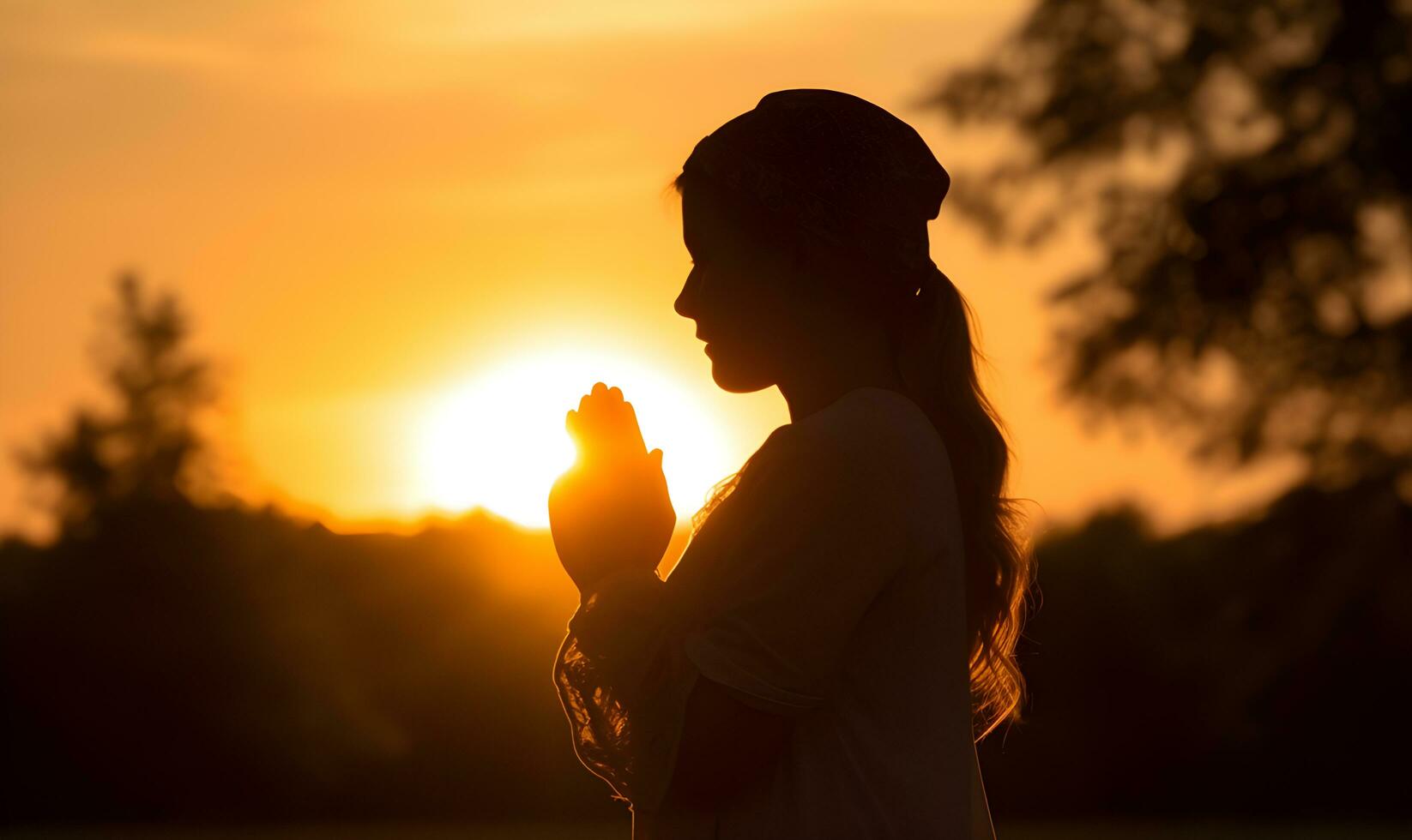 Silhouette of Christian woman praying worship at sunset photo