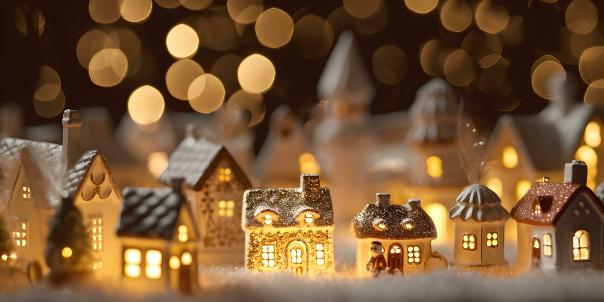 Miniature wooden house over blurred Christmas decoration background photo