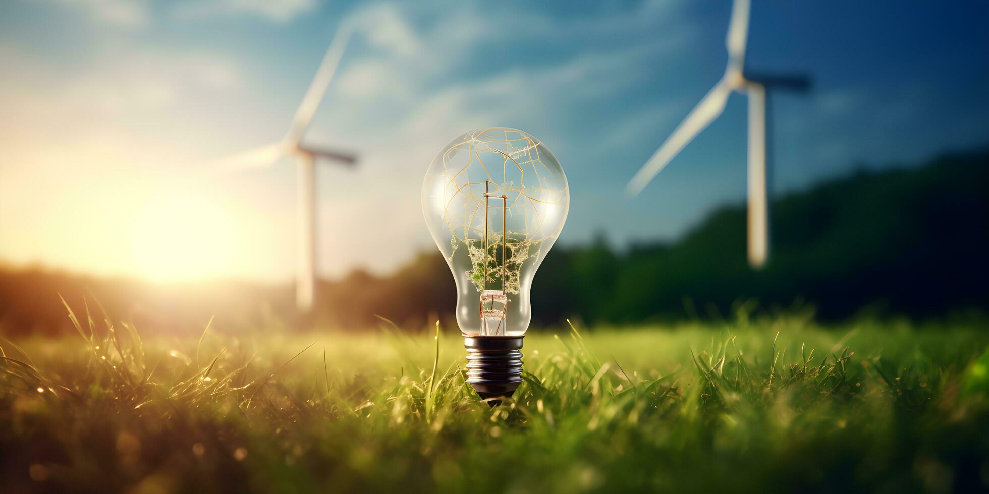 Bulb powered by wind turbine for emphasizing renewable energy. Generative AI photo