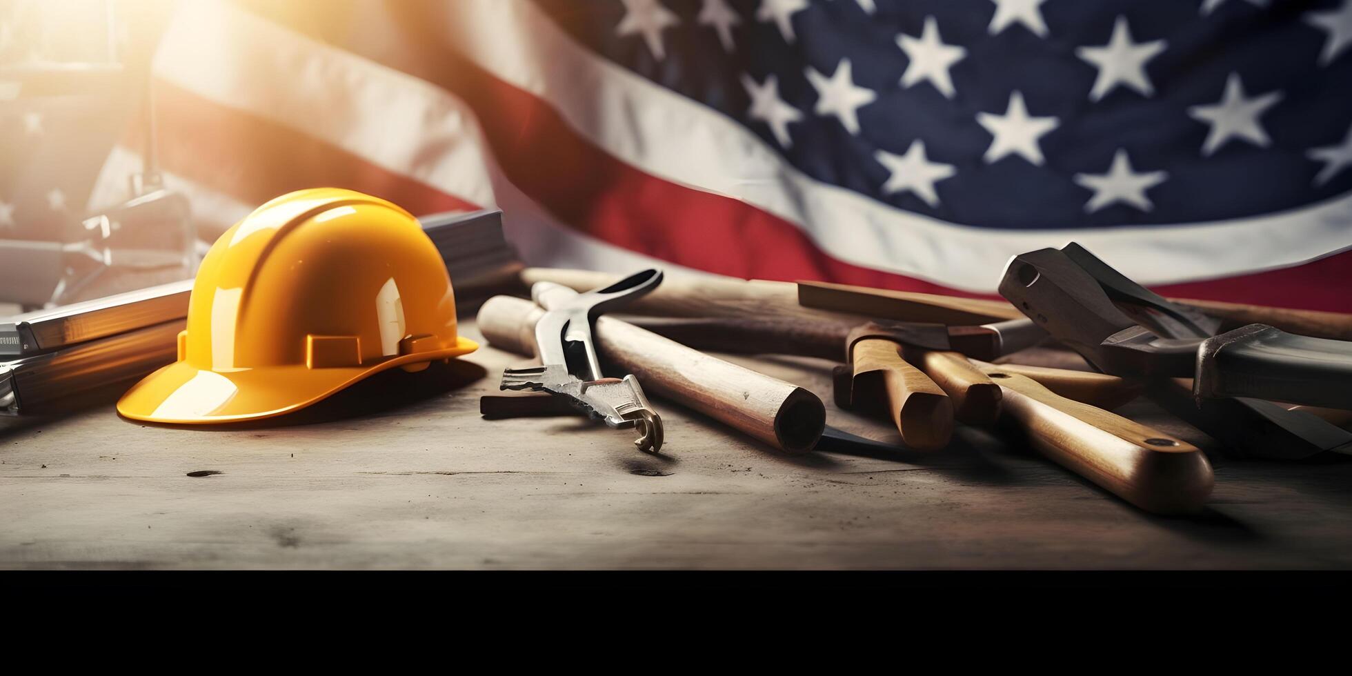 Construction tools with American flag on dark black background. Labor day banner. photo