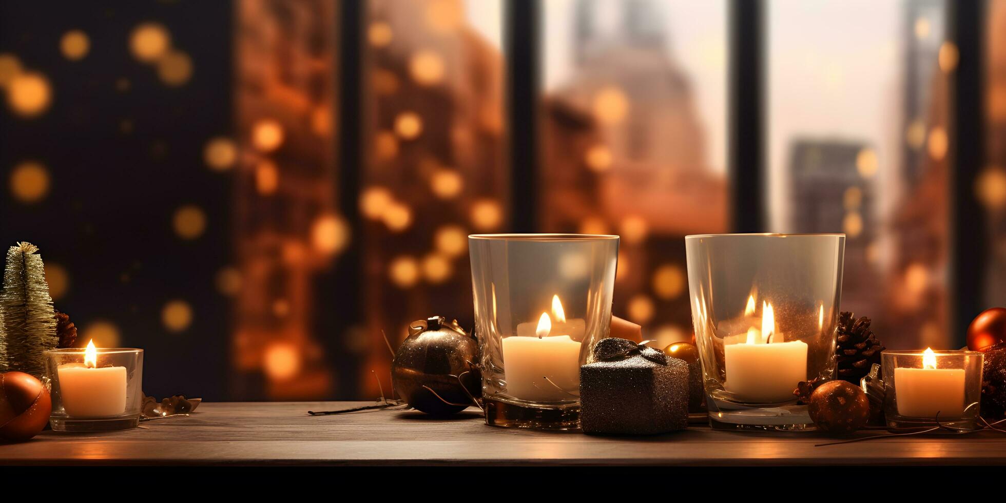 Christmas decorations on table with candles and christmas lights. photo