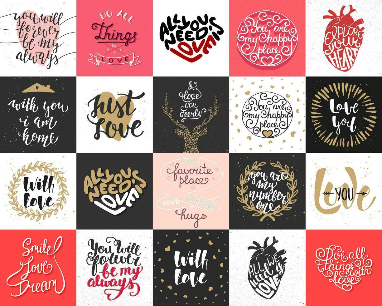 Set of 20 vector love and romantic lettering posters, greeting cards, decoration, prints, t-shirt design. Hand drawn typography. Handwritten lettering. Modern ink brush calligraphy.
