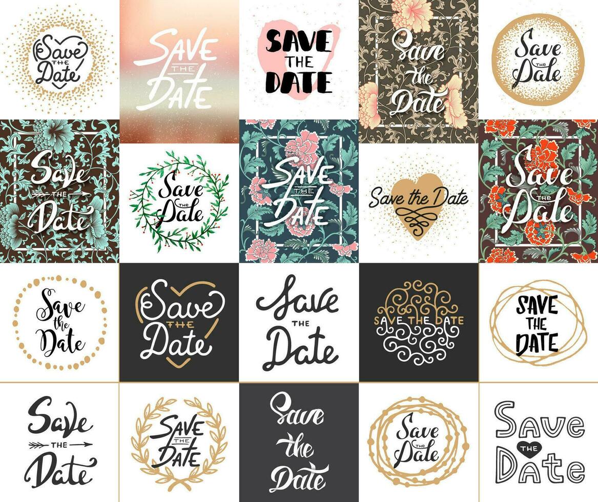 Set of 20 vector save the date lettering posters, greeting cards, decoration, prints. Hand drawn typography design elements. Handwritten lettering. Modern ink brush calligraphy.