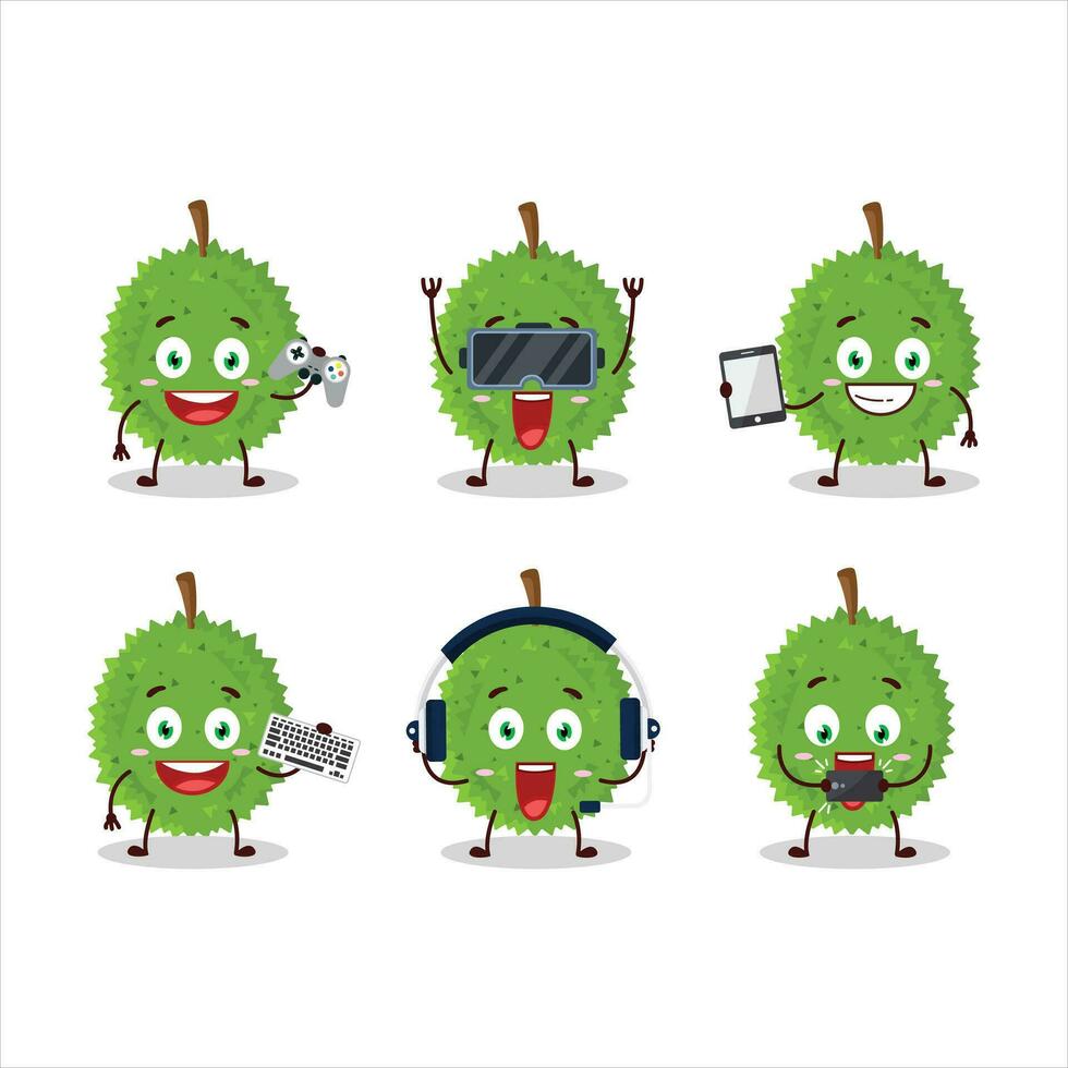 Durian dibujos animados personaje son jugando juegos con varios linda emoticones vector