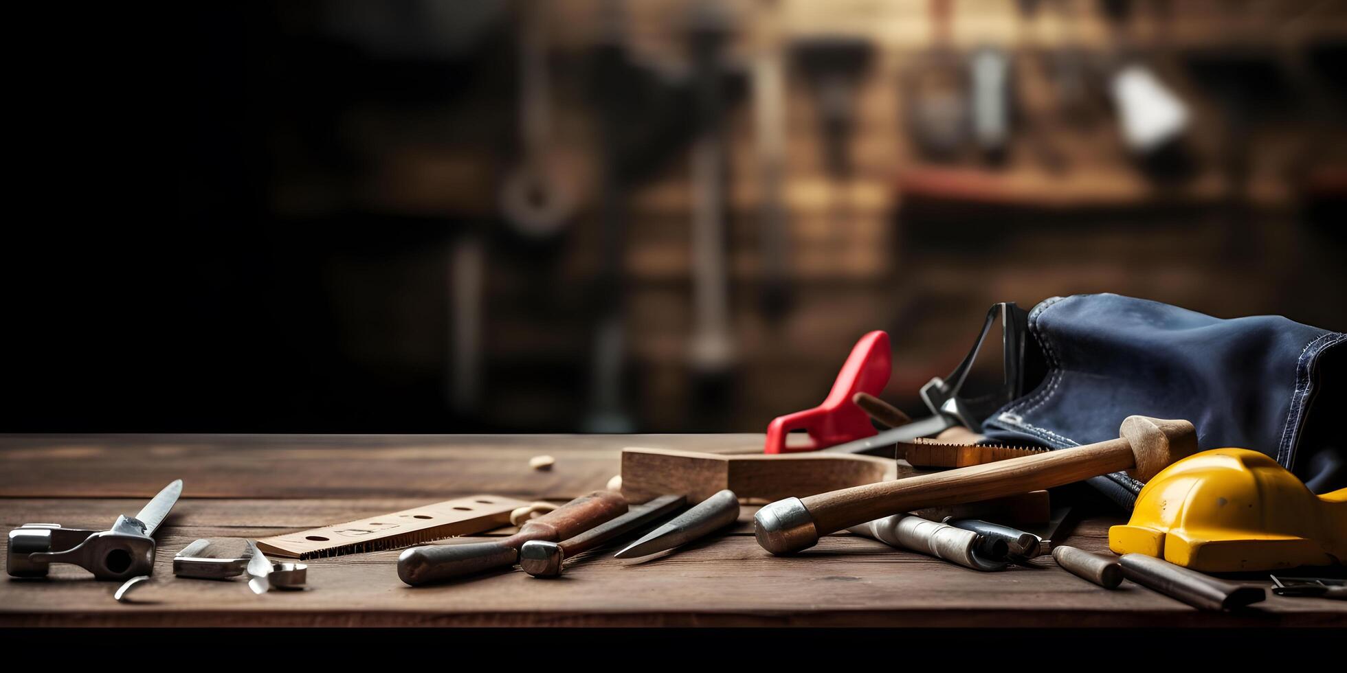 Construction tools with American flag on dark black background. Labor day banner. photo
