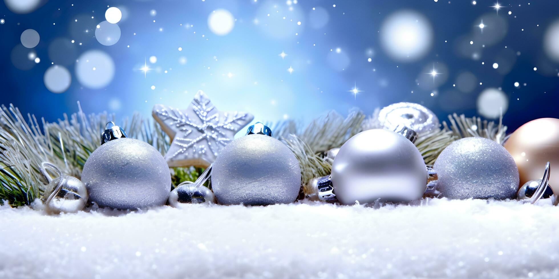 Christmas balls in winter holidays background. Generative AI photo