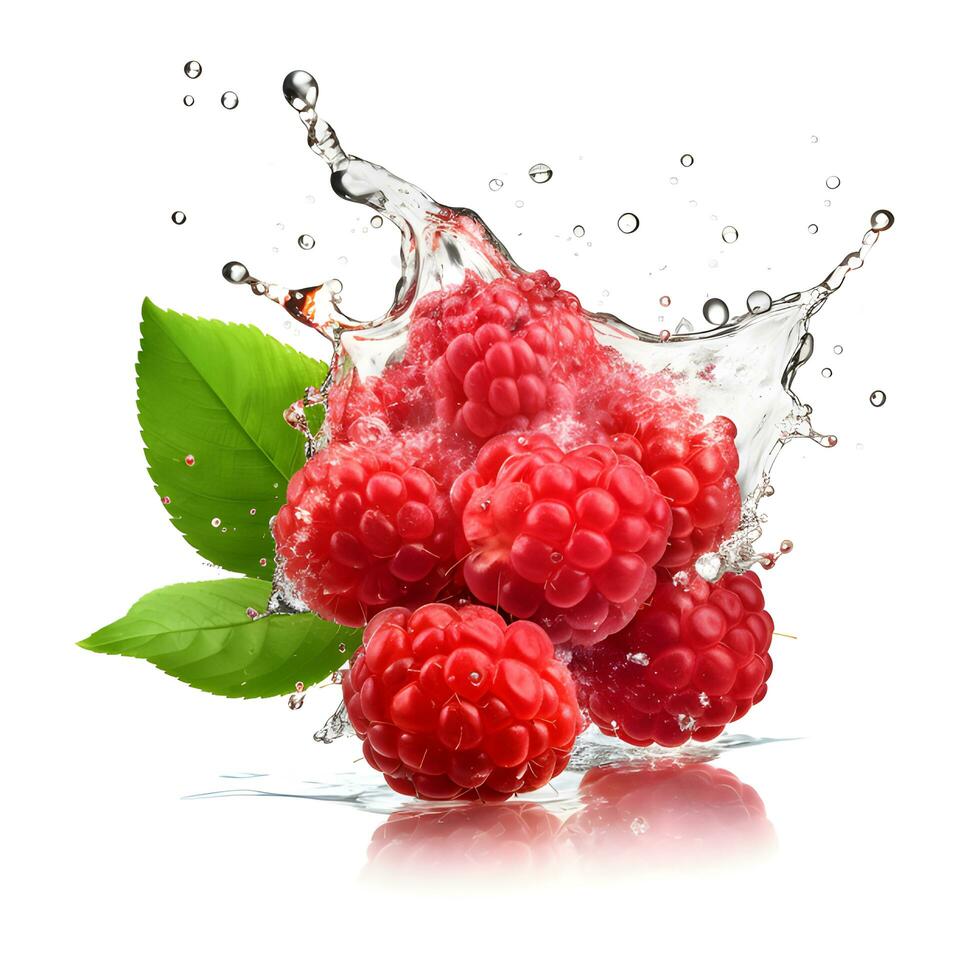 Raspberry and water splash isolated. AI generetive photo