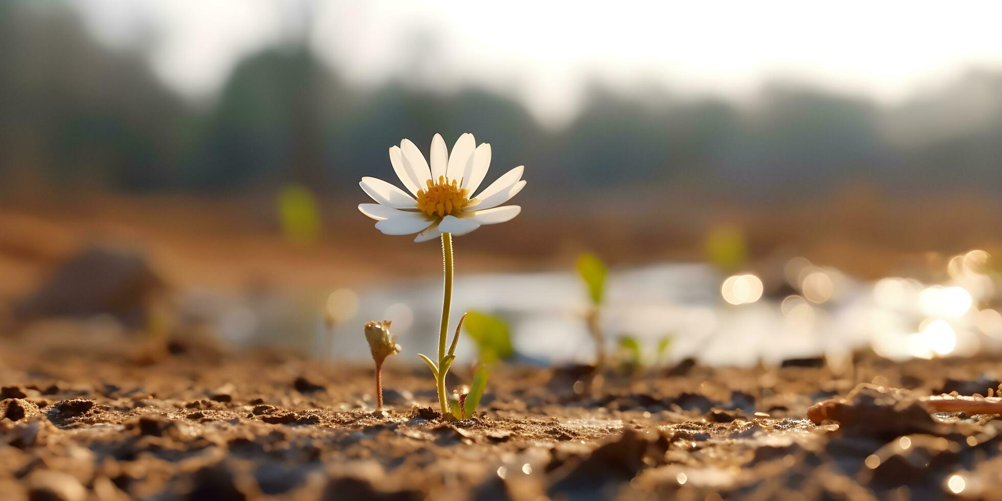 Hope concept. Flower growing in dry soil. photo