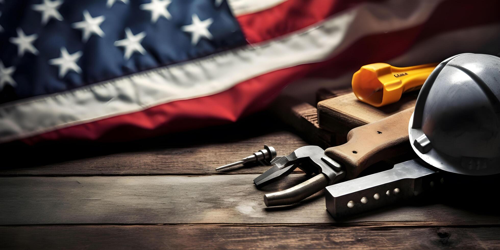 Construction tools with American flag on dark black background. Labor day banner. photo
