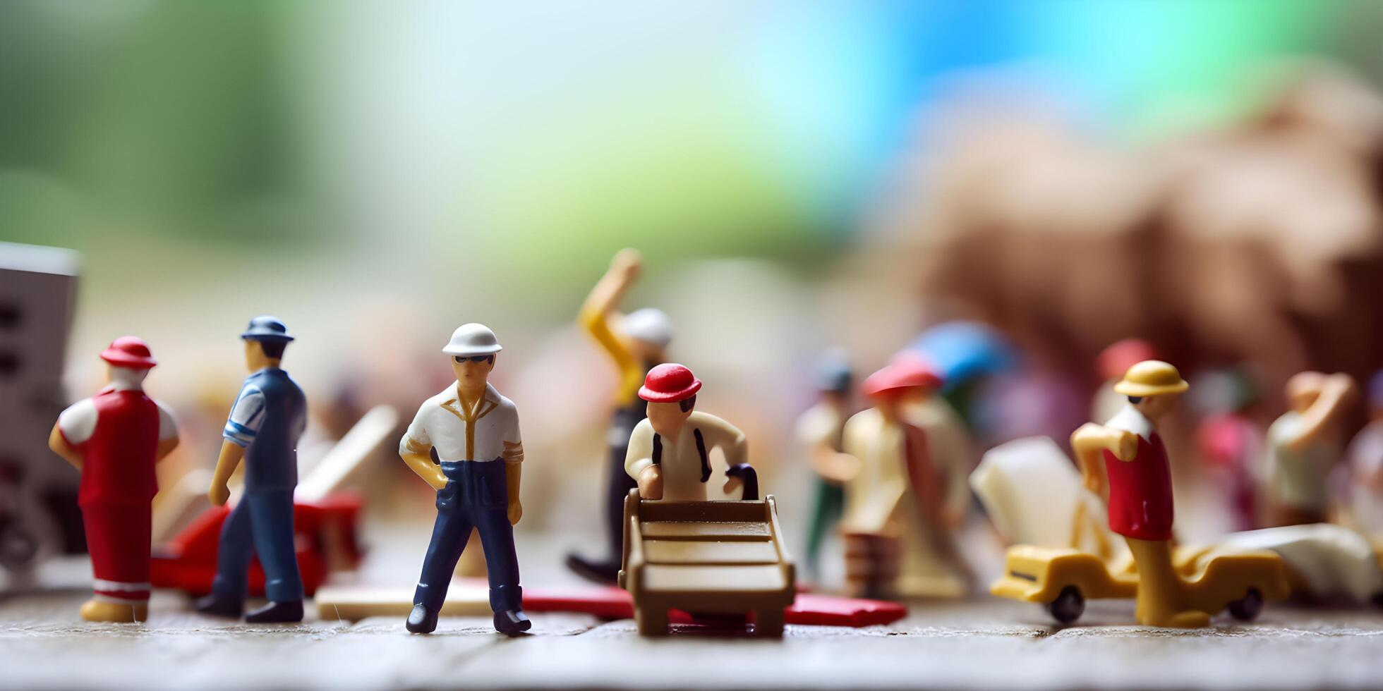 Miniature workers are working. Labor day banner. photo