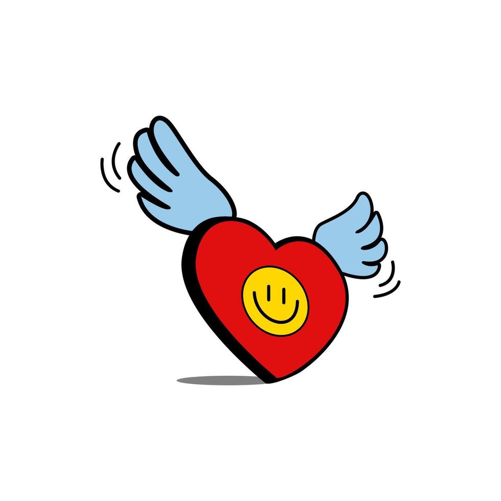 winged heart icon cartoon character vector illustration with smiley emoticon