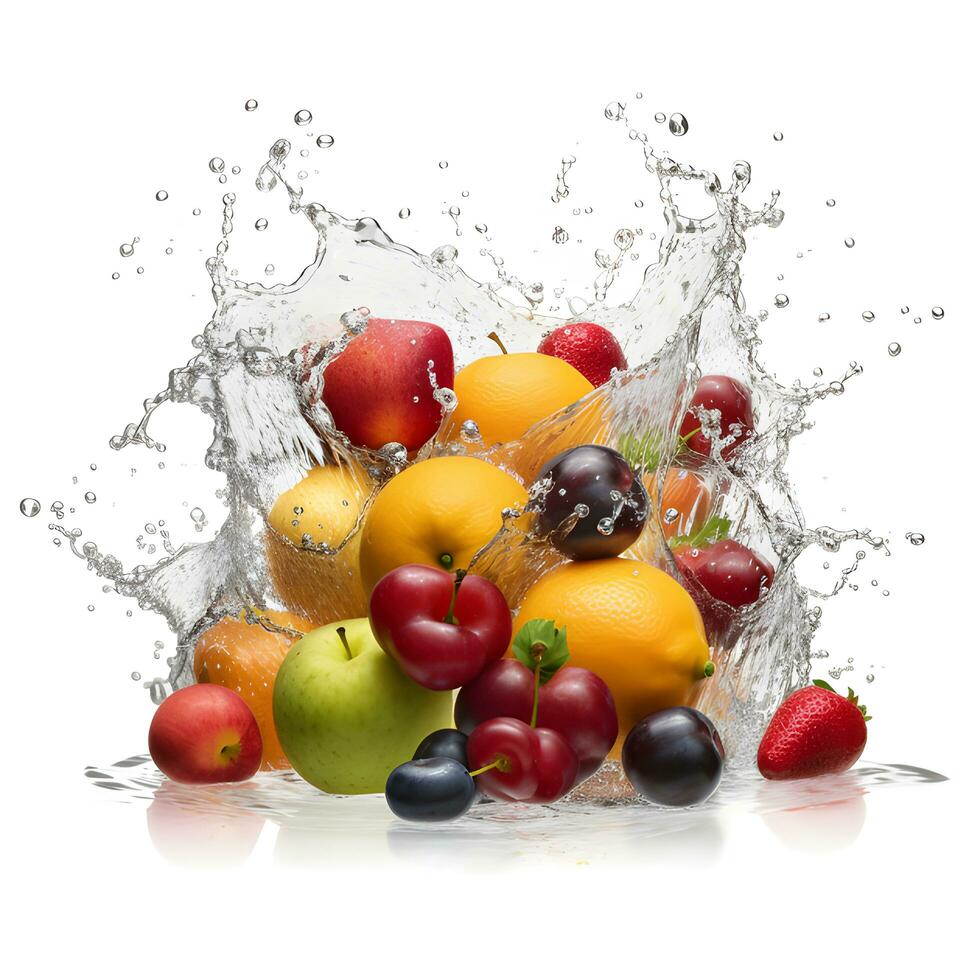 Fresco frutas que cae en agua chapoteo. ai generetivo. foto