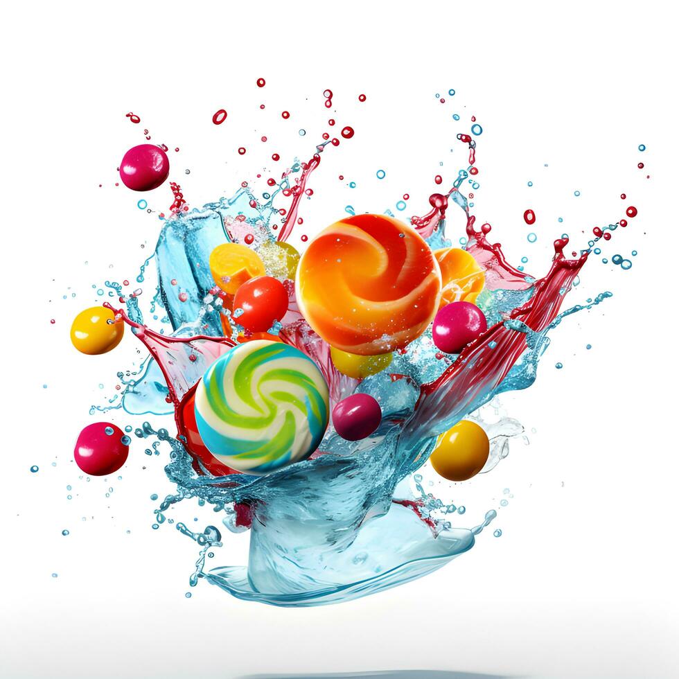 colorful candy with water splash. AI generetive photo