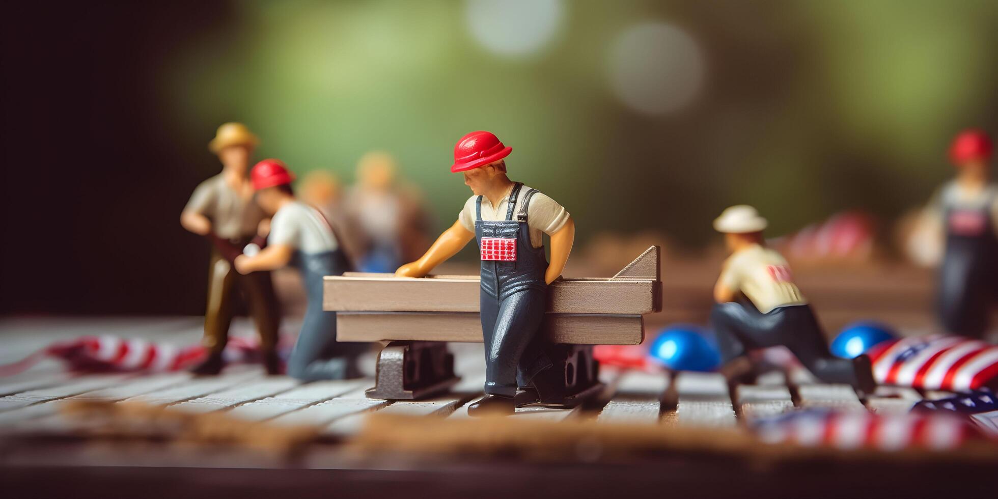 Miniature workers are working. Labor day banner. photo