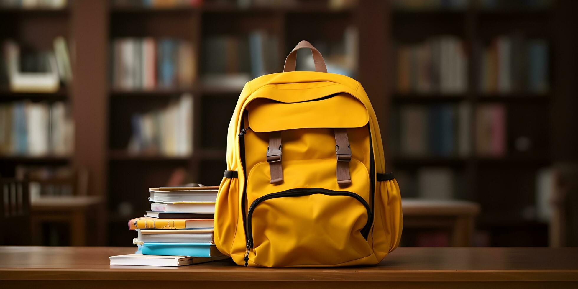 Yellow school bag with accessory on empty background. Back to school concept. photo