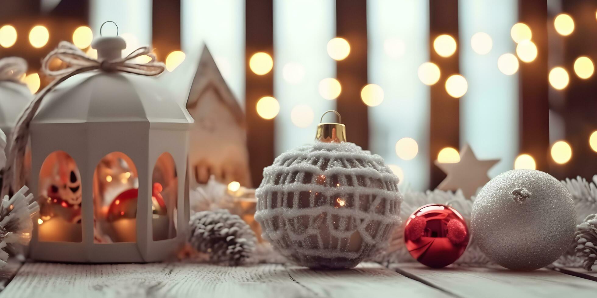 Miniature wooden house over blurred Christmas decoration background photo