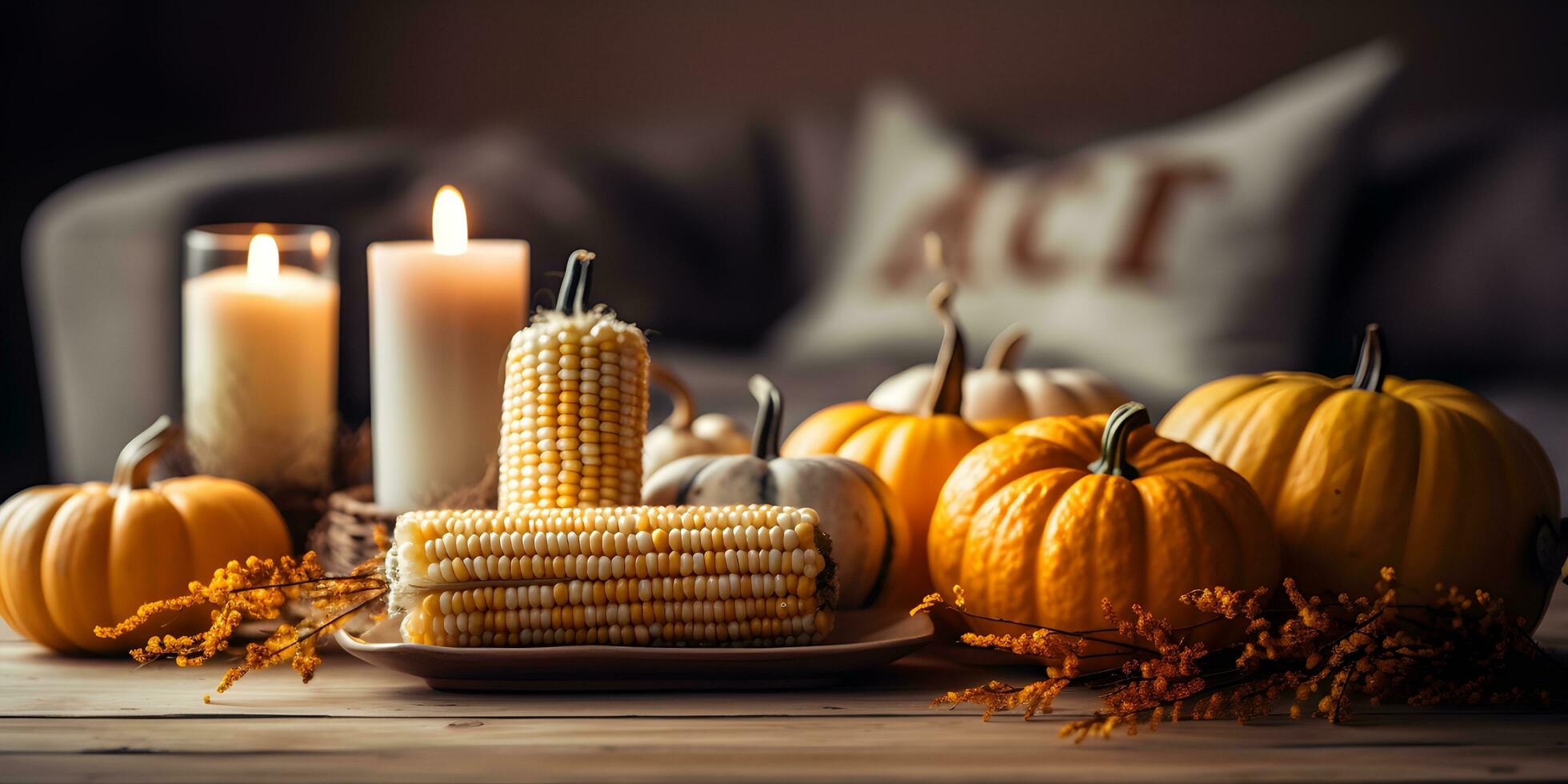 Thanksgiving pumpkins with fruits and falling leaves on rustic wooden table photo