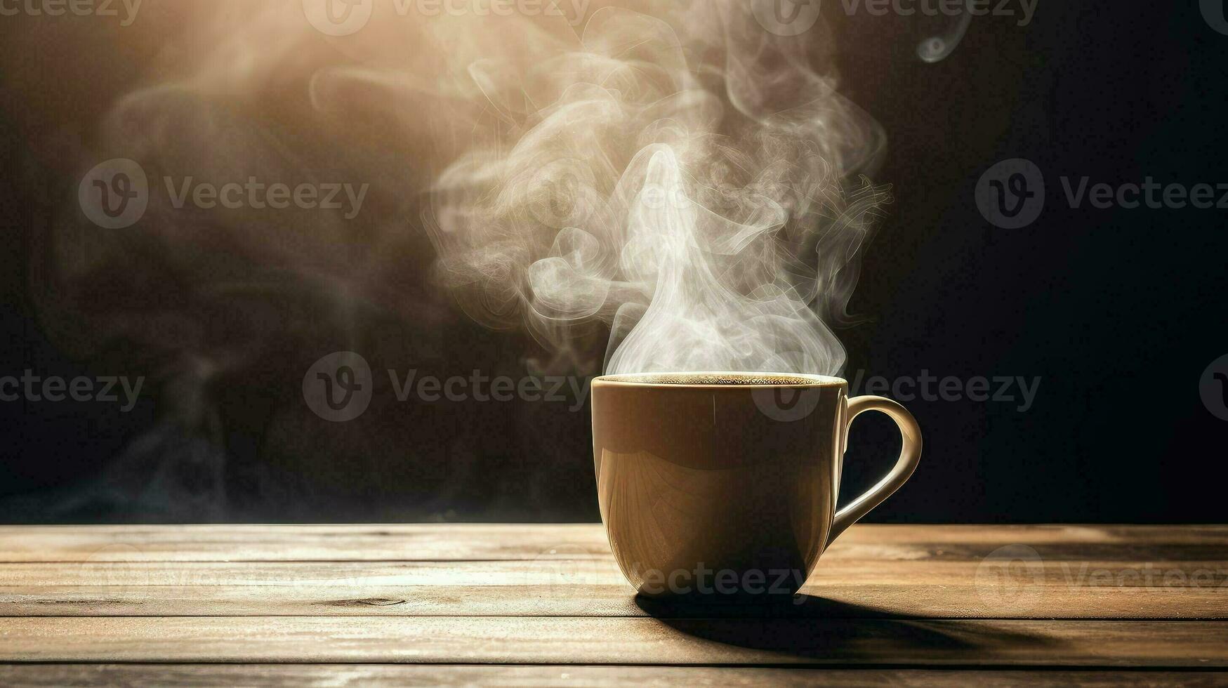 caliente café taza en de madera mesa con fumar viniendo fuera ai generativo foto