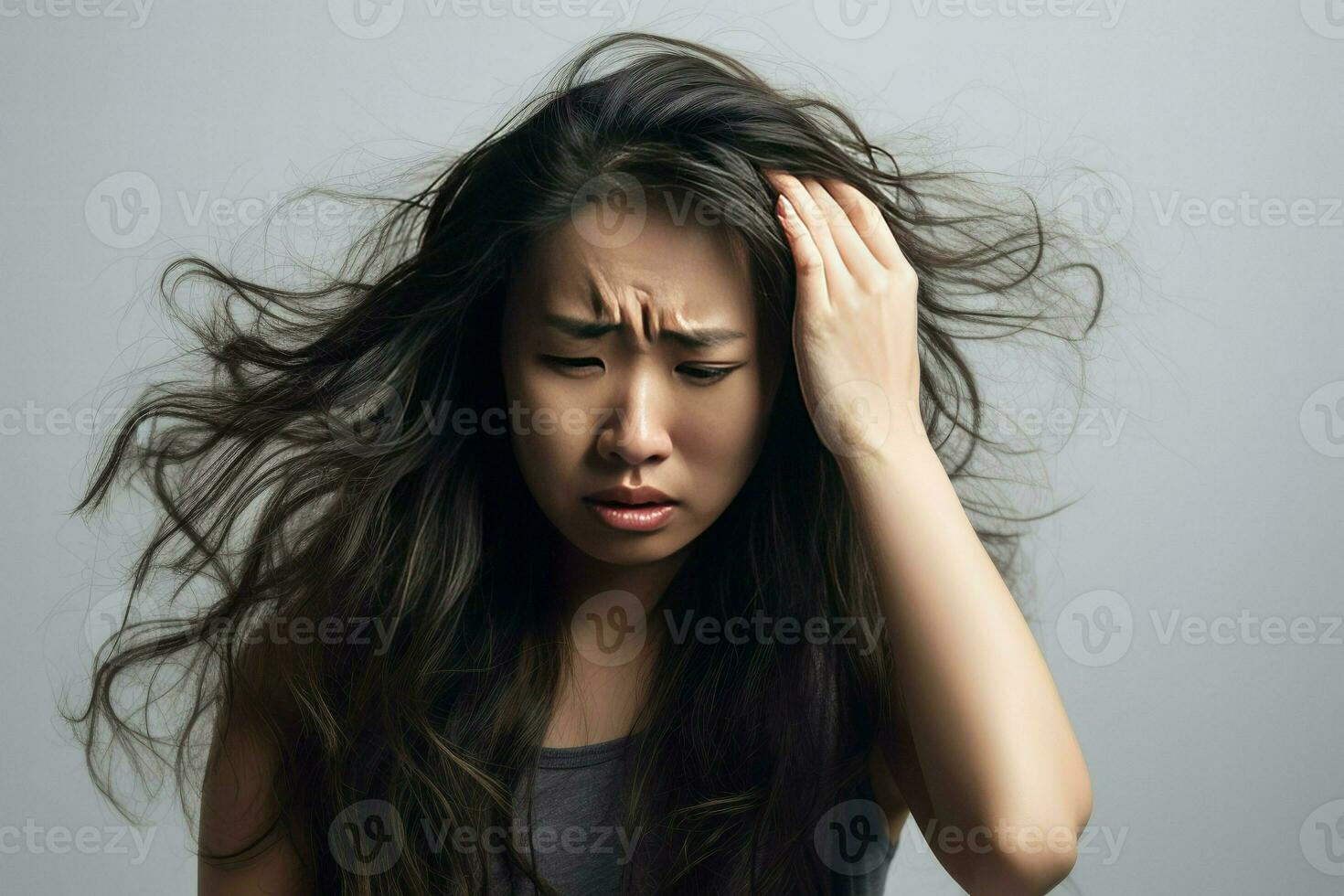 triste joven mujer con un cepillo en su sucio pelo y pelo pérdida ai generativo foto