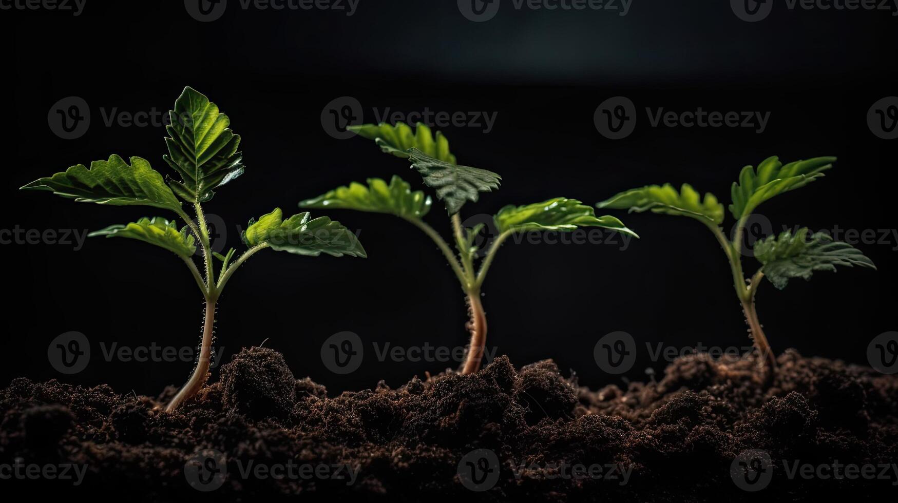 joven planta en fértil suelo en negro fondo, espacio para texto. jardinería hora ai generativo foto