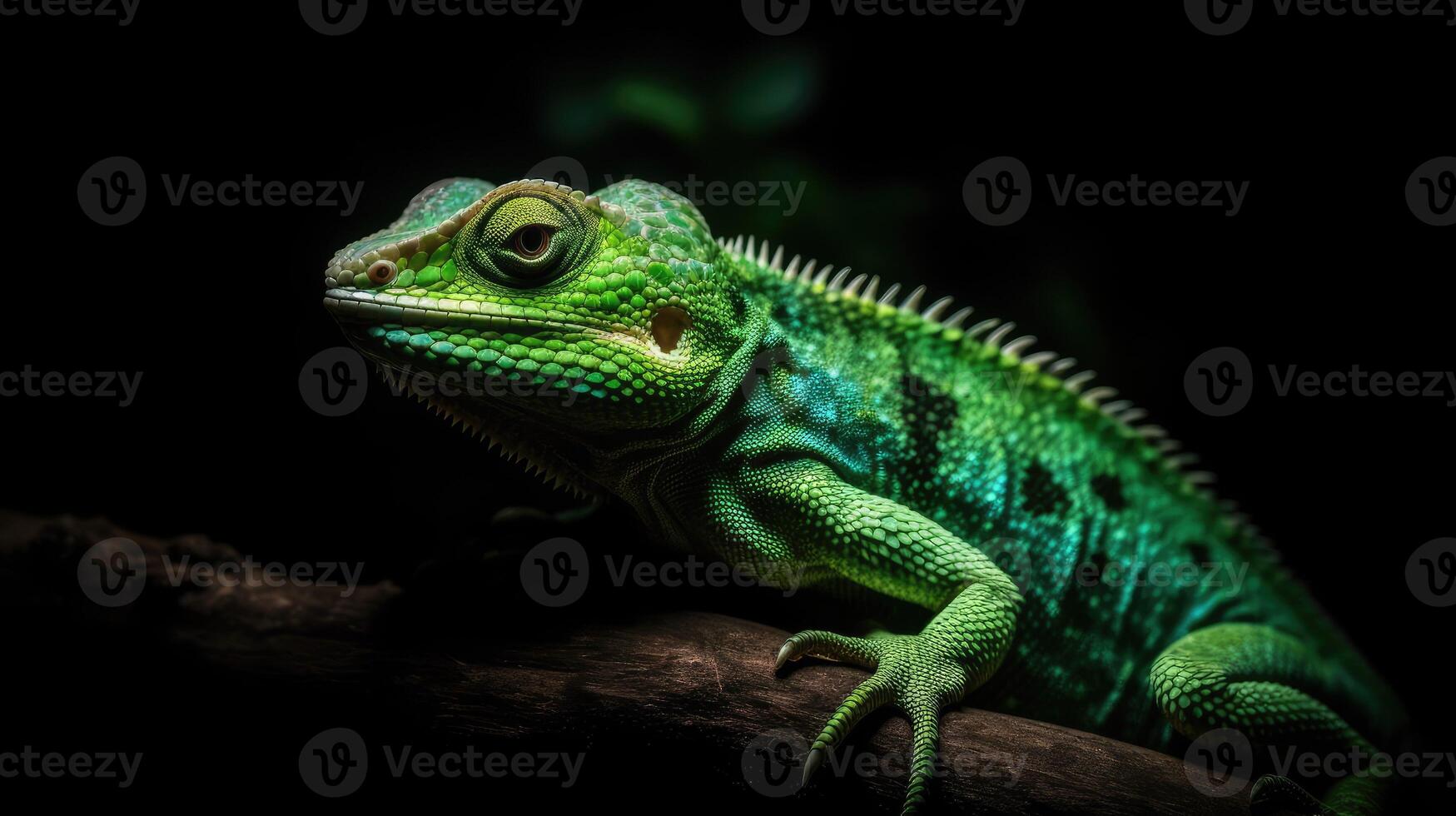 Lizard forest dragon on wood with black background, animal closeup photo