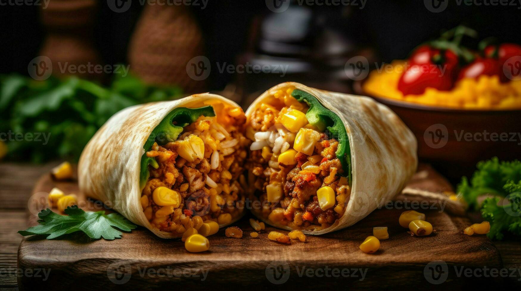 Delicious kebab wrap with spicy meat, lettuce, tomato, red onion and sauce. AI Generative photo