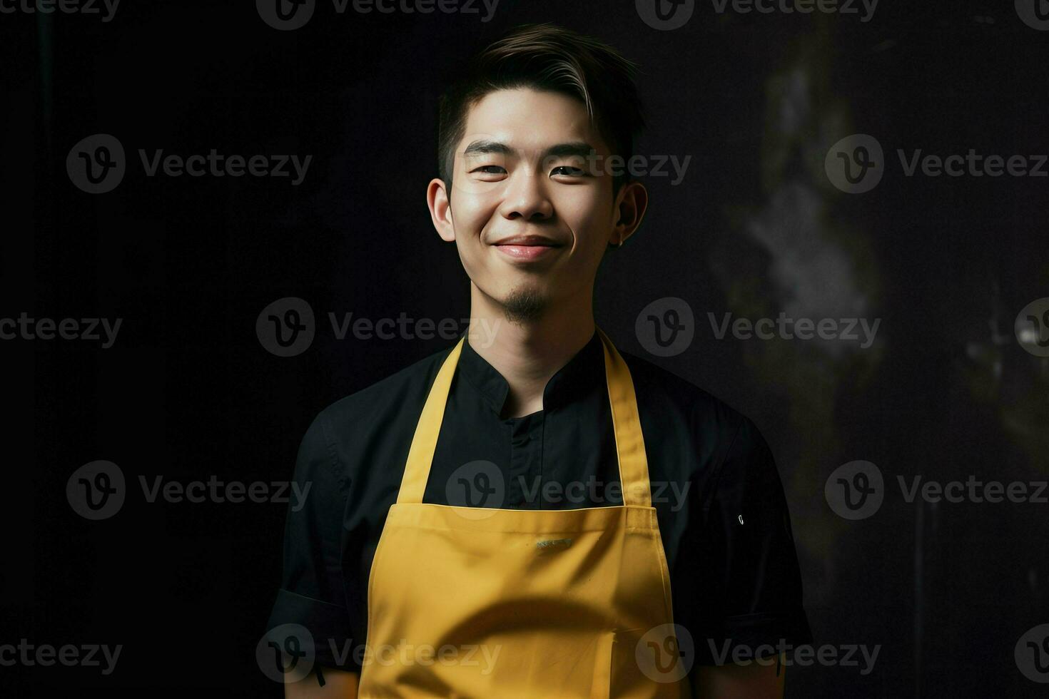 waiter in apron on a black isolated background, barista worker in uniform, portrait of service man AI Generative photo